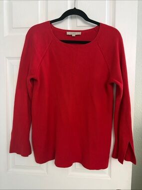 LOFT Bright Red Ribbed Crewneck Sweater  with Trumpet Sleeve